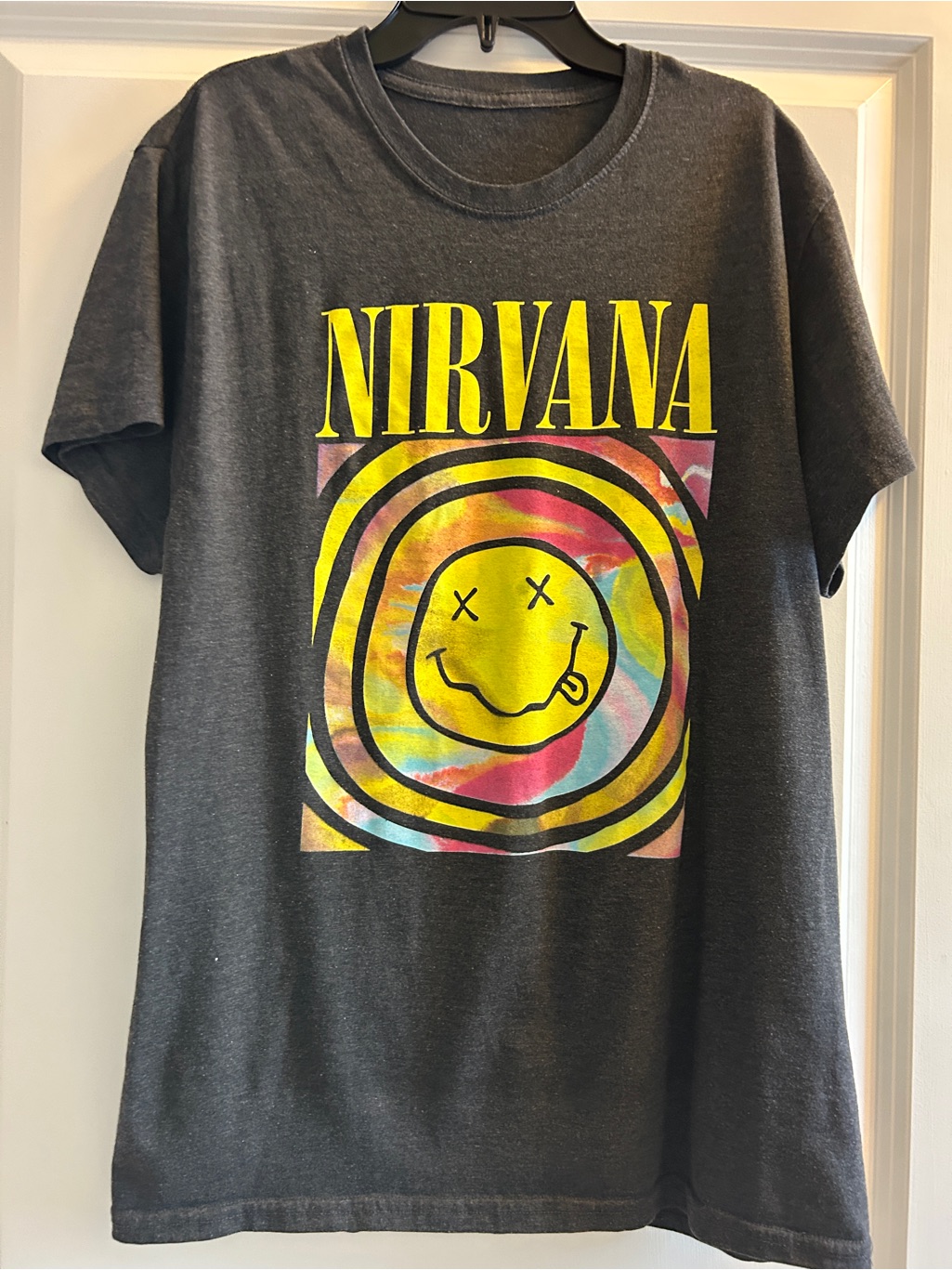 Nirvana Charcoal Tee With Yellow & Tie-Dye Smiley
